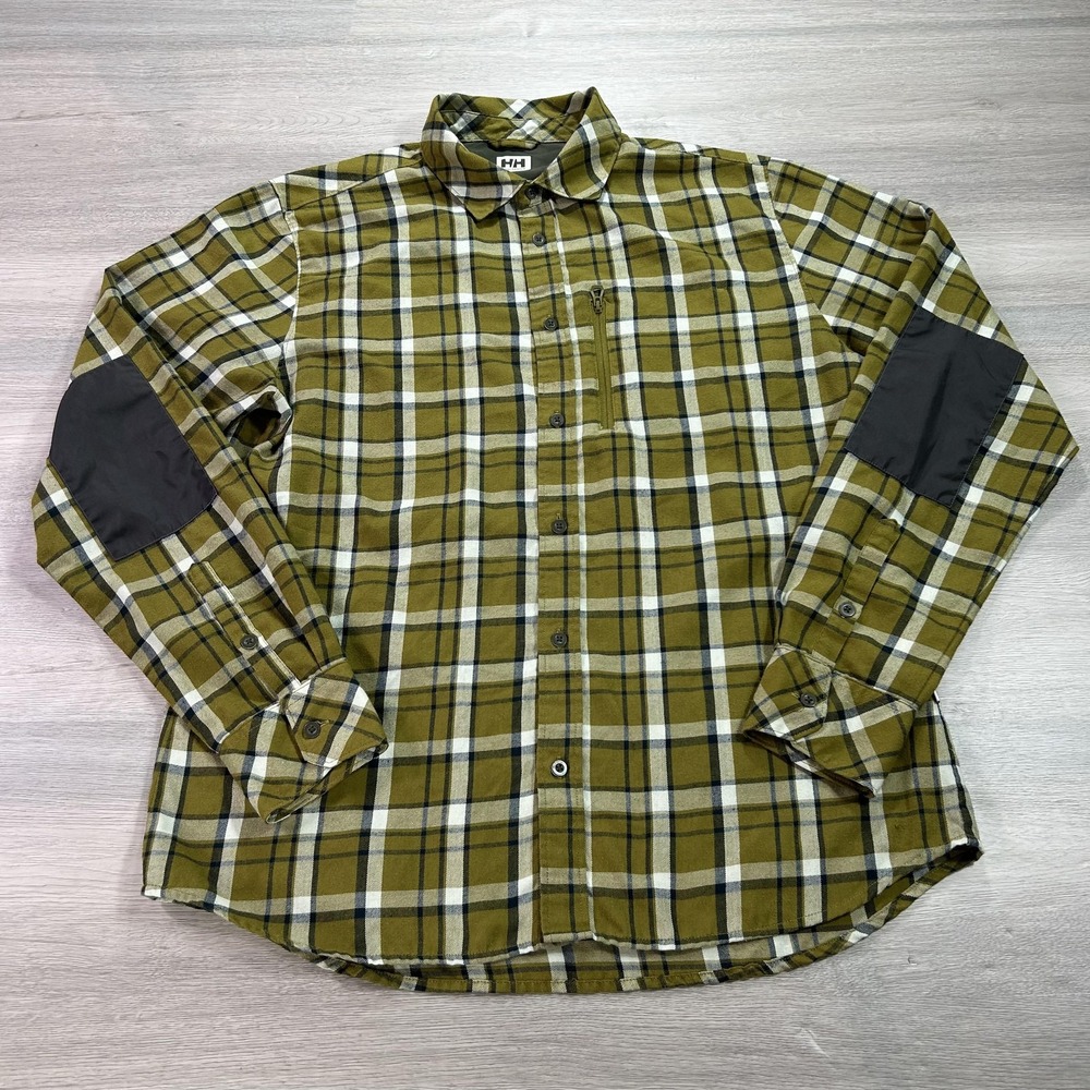 Helly Hansen Shirt Mens Medium Green Plaid Button Front Zip Chest Pocket Outdoor